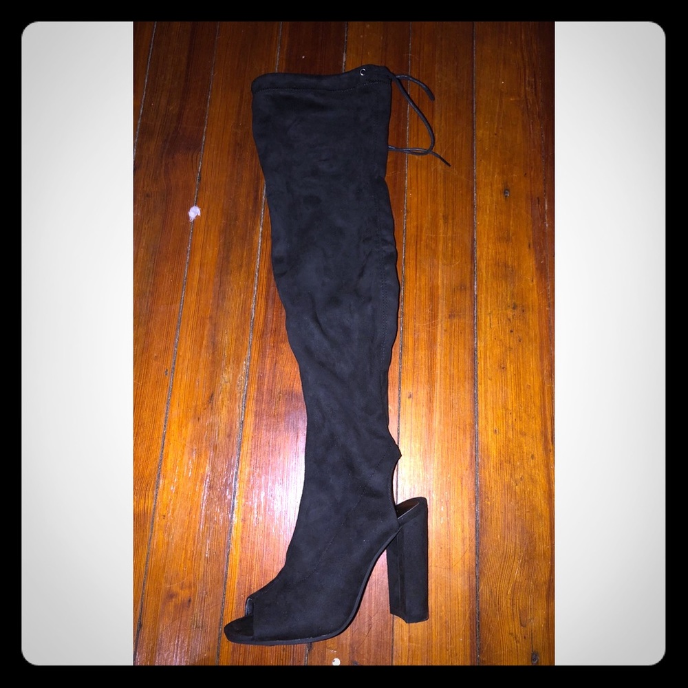 TOP Moda Black Over-The-Knee Peep-Toe Block Heel Boots